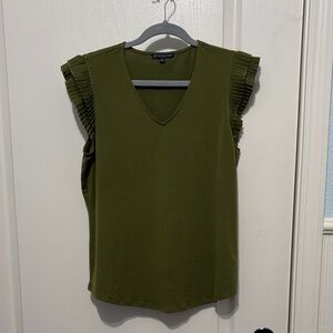 Adrianna Papell Olive V-Neck Blouse with Pleated Sleeves